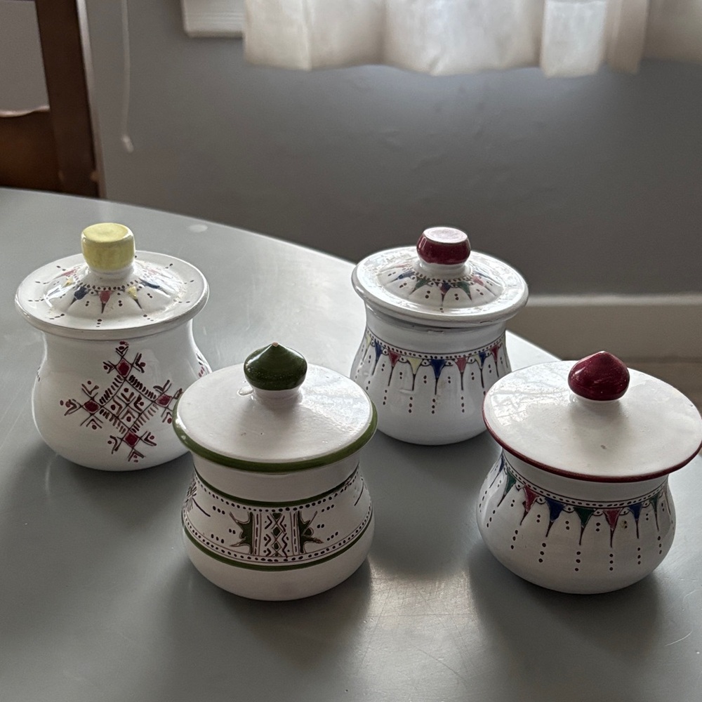 Set of 4 Moroccan Decorative White Ceramic Jars with Colorful Lids
